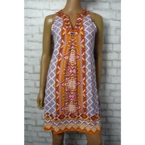 Hale Bob Orange Purple Beaded Jersey Vneck Sleeveless Shift Dress XS NEW